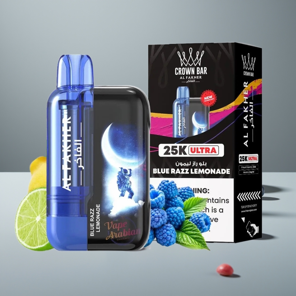 Al Fakher Crown Bar Ultra 25K Vape μιας χρήσης Μπλε Ραζ Λεμονάδα με 25.000 Πουφ, Οθόνη LED, Type-C