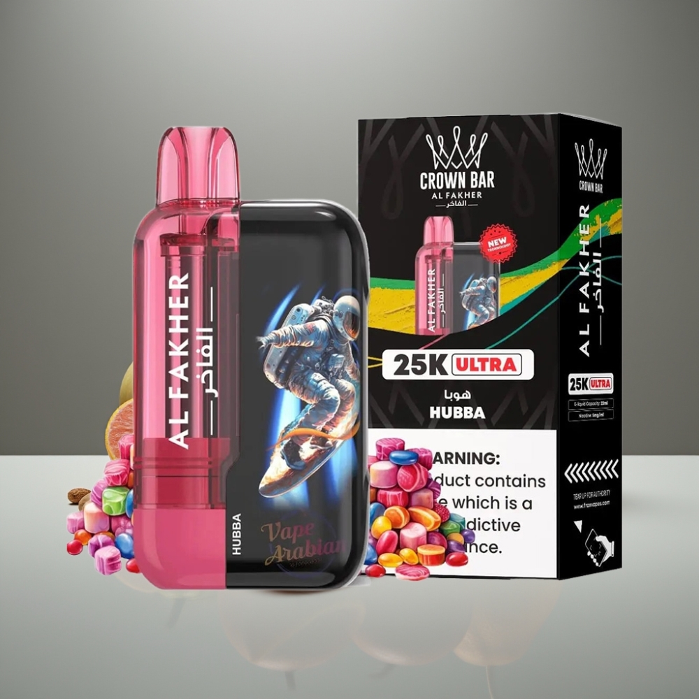 Al Fakher Crown Bar Ultra 25K Vape μιας χρήσης Hubba με 25.000 πνοές, οθόνη LED και τύπου-C