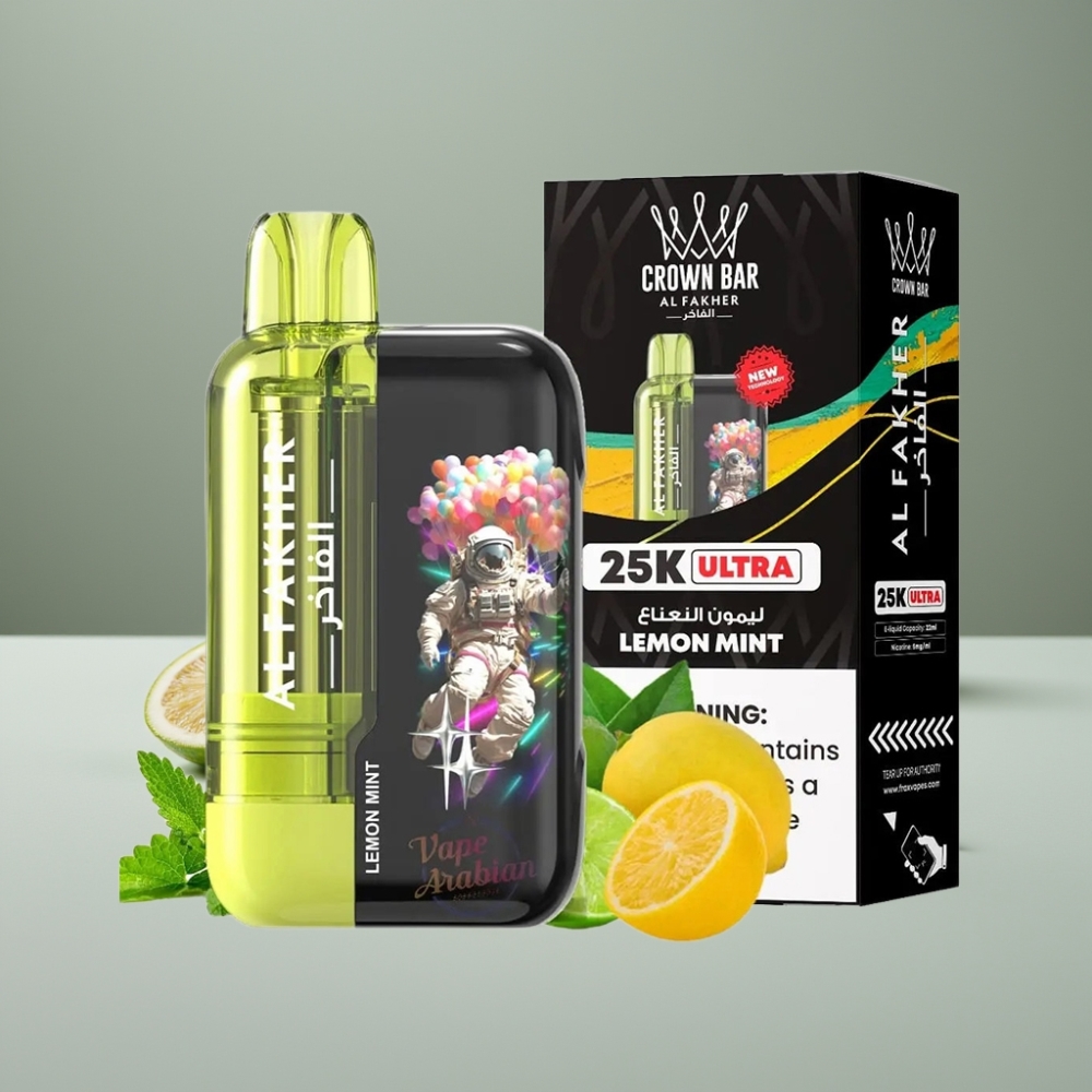 Al Fakher Crown Bar Ultra 25K Vape μιας χρήσης Λεμόνι Μέντα με Οθόνη LED & Mesh Coil