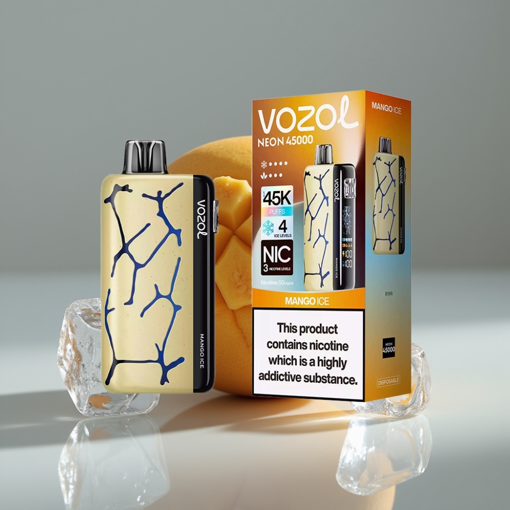 Vozol Neon 45K 45000 Puffs Vape μιας χρήσης Mango Ice με ρυθμιζόμενη ροή αέρα, πλέγμα πηνίων, 20ml υγρό, 800mAh μπαταρία
